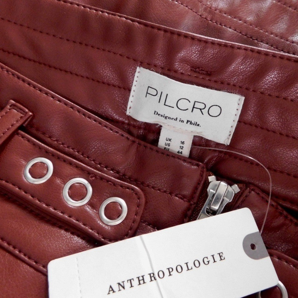 NWT!! Anthropologie PILCRO Fit-and-Flare Faux Leather Mini Skirt Wine Moto 12