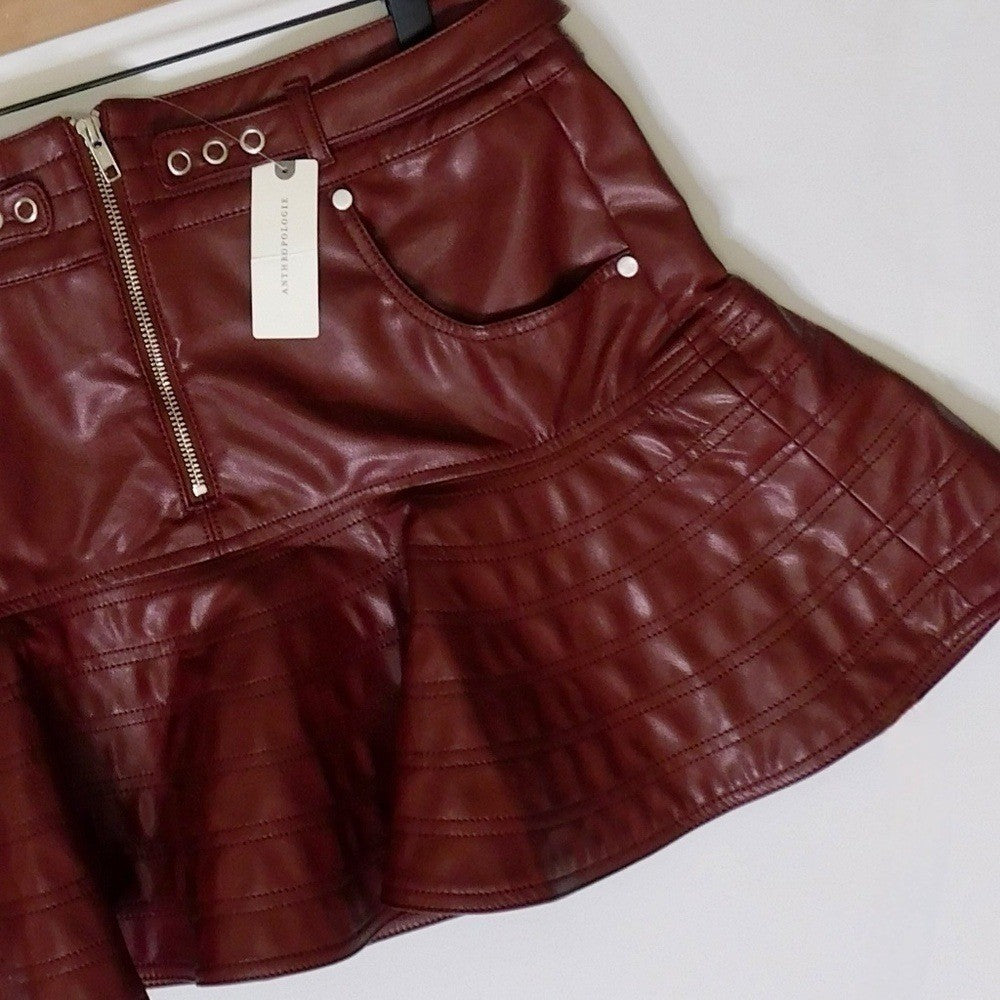 NWT!! Anthropologie PILCRO Fit-and-Flare Faux Leather Mini Skirt Wine Moto 12