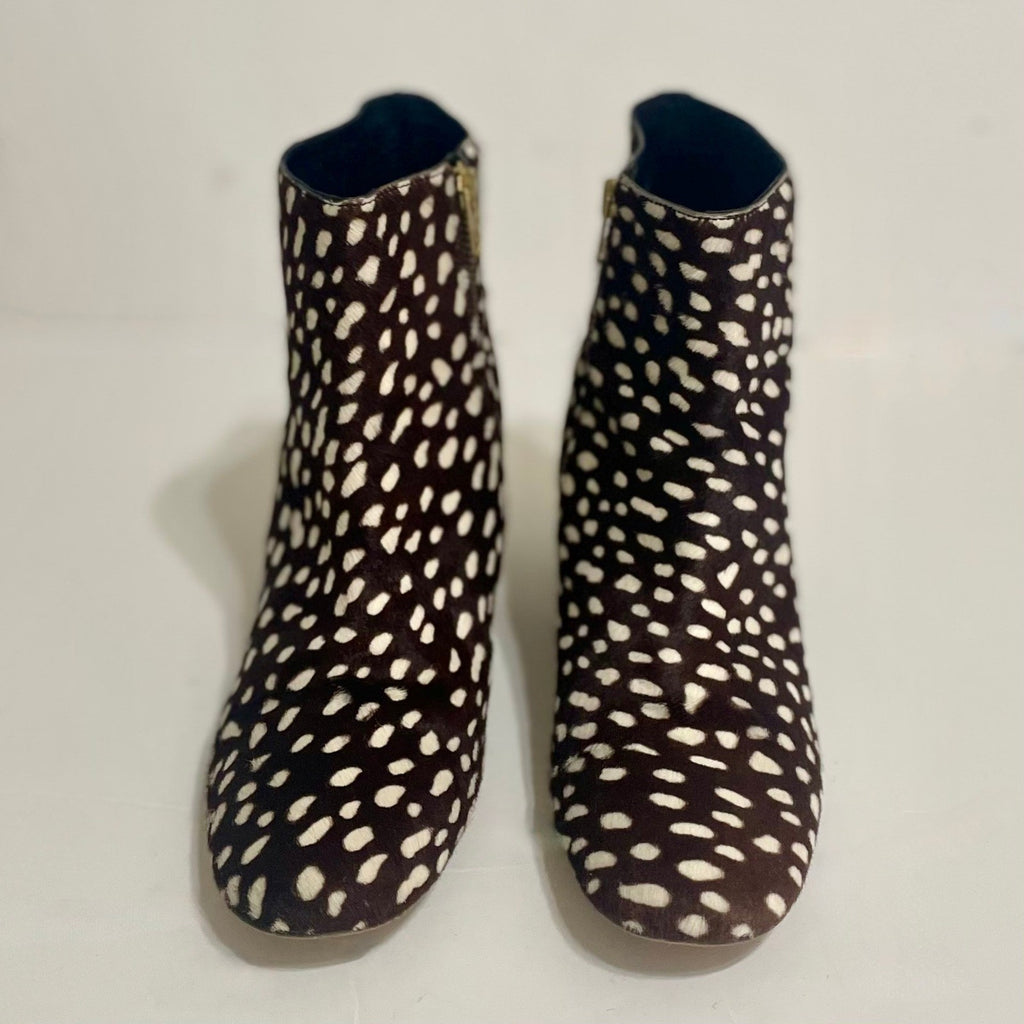 J. CREW Side Zip Ankle Boots Leopard Calf Hair Leather Spotted Zippers Size 8.5
