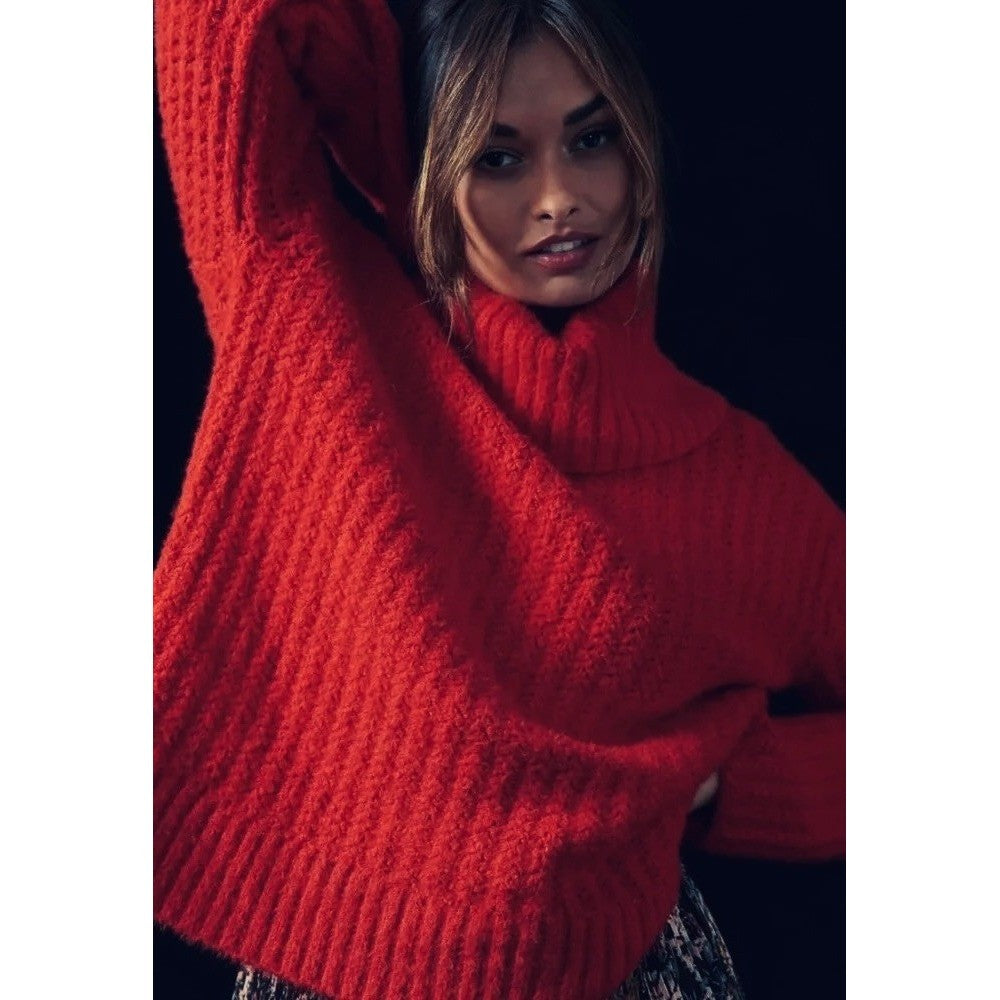 Anthropologie MAEVE Cowl Neck Pullover Sweater Knit Solid Red Turtleneck Small