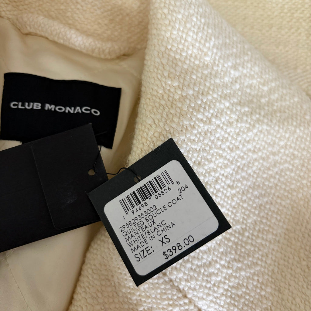NWT!! CLUB MONACO Quilted Boucle Long Coat Manteaux White Ivory Solid X-Small