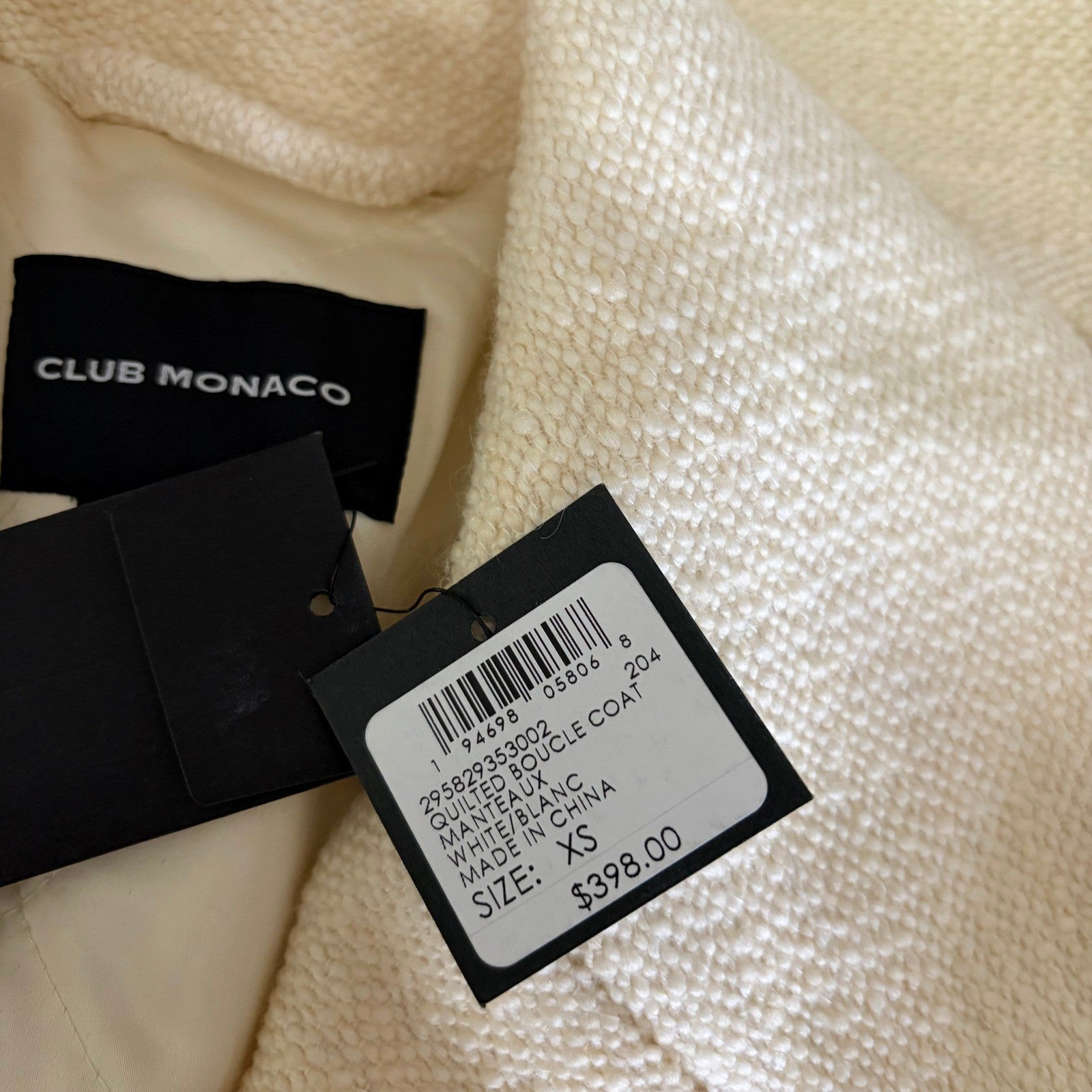 NWT!! CLUB MONACO Quilted Boucle Long Coat Manteaux White Ivory Solid X-Small
