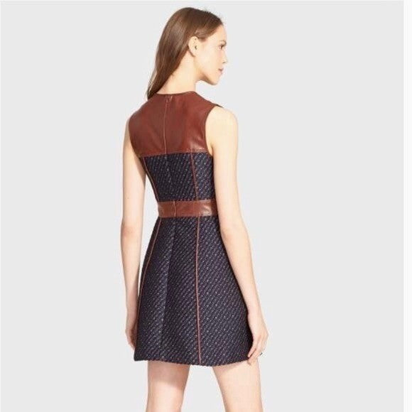 THEORY Calvino Mixed Media Tweed Lamb Leather Dress Brown Blue Fit and Flare 6