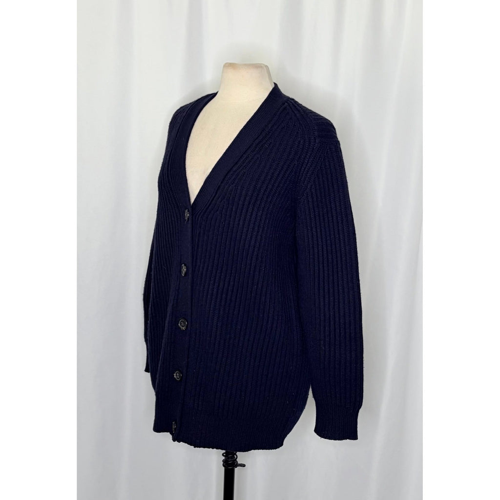 J. CREW Wool Navy Blue Cardigan Sweater Solid Ribbed Knit Preppy Academia Large
