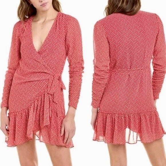 ALLSAINTS Flores Heart Print Wrap Dress Ruched Ruffle Red All Saints X-Small