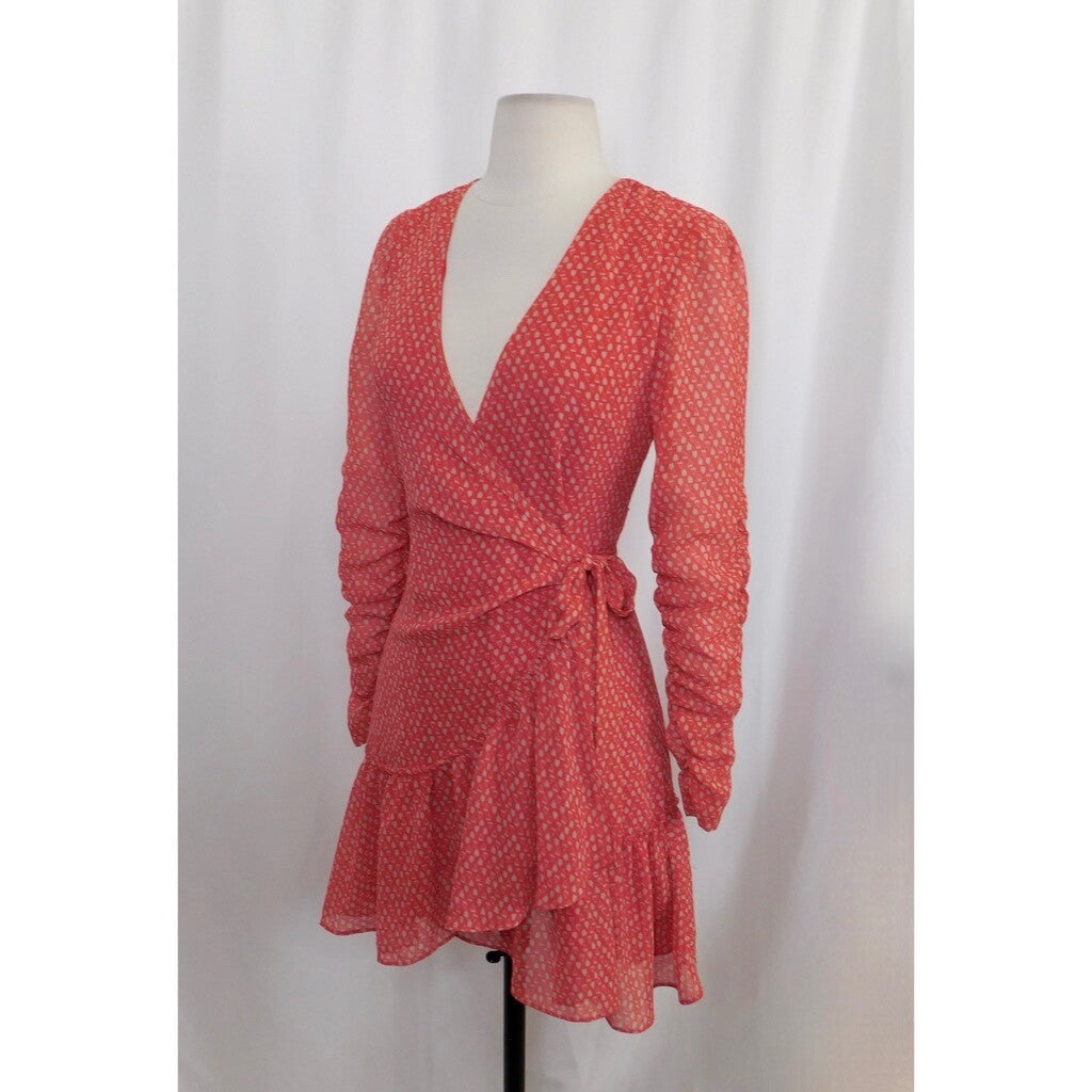 ALLSAINTS Flores Heart Print Wrap Dress Ruched Ruffle Red All Saints X-Small