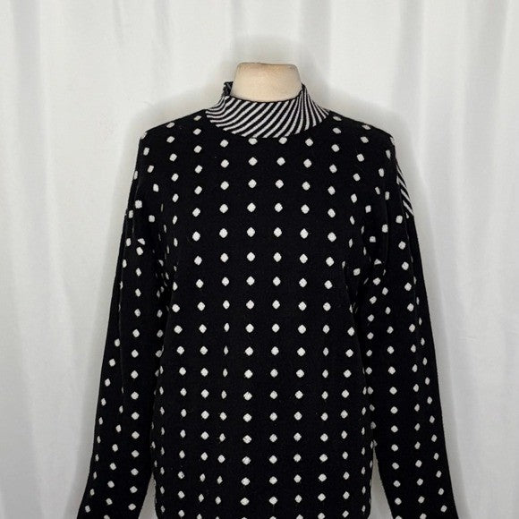 By ANTHROPOLOGIE Lizzie Mock Neck Sweater Black White Polka Dot Striped Large
