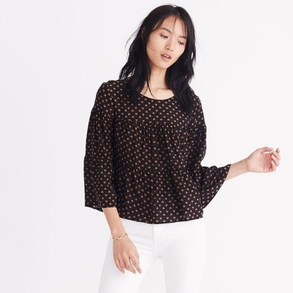 MADEWELL Silk Black Gold Heart Flip Button Back Tiered Top Blouse X-Small