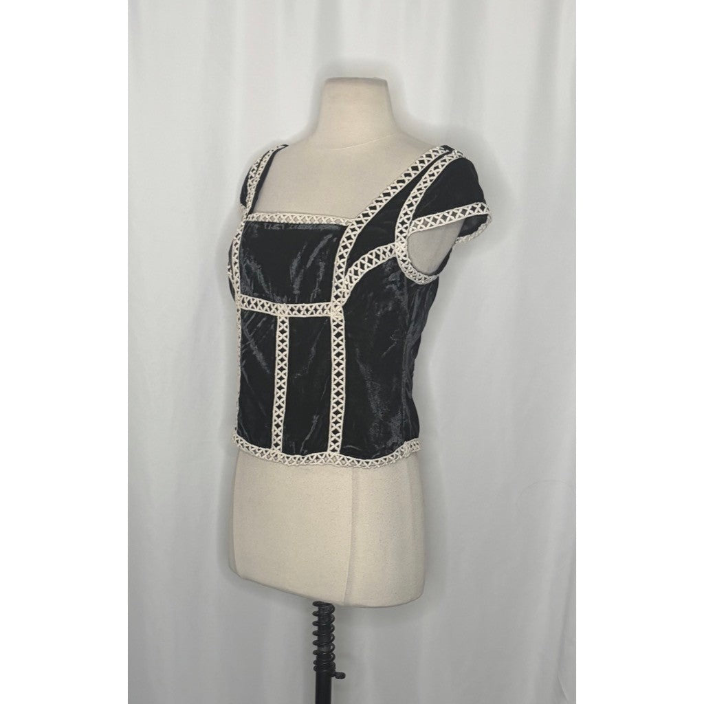 NWT!! FREE PEOPLE Tyler Velvet Corset Top Black Cream Embroidered Bohemian Small