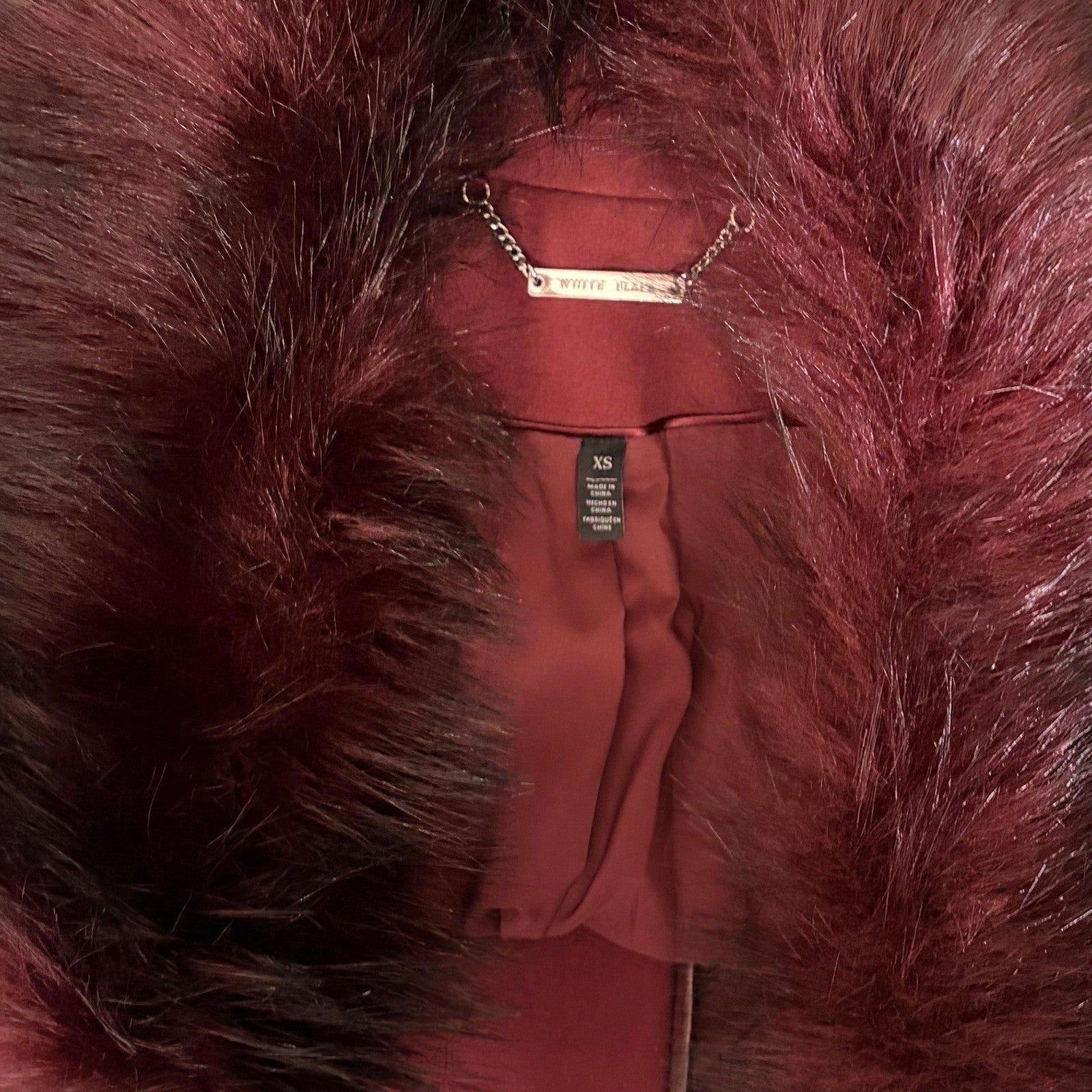 WHBM Burgundy Long Coat Removable Faux Fur Collar White House Black Market XS