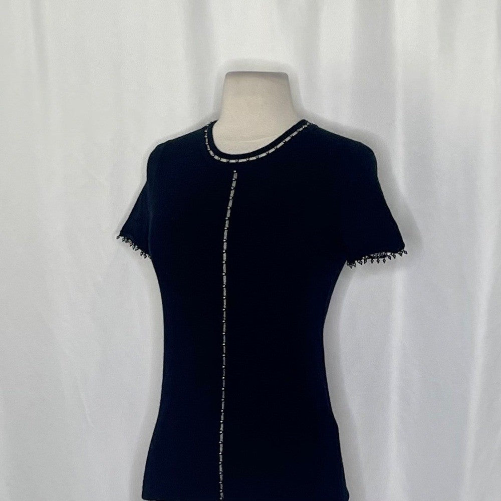 ELIE TAHARI Black Merino Wool Beaded Studded Short Sleeve Sweater Knitwear Small