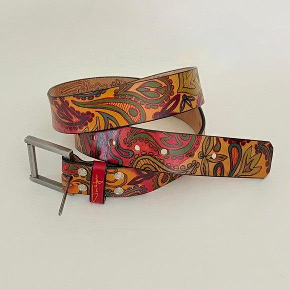 Unisex JON WYE Leather Paisley Belt Western Retro Made in USA Men Women 46"