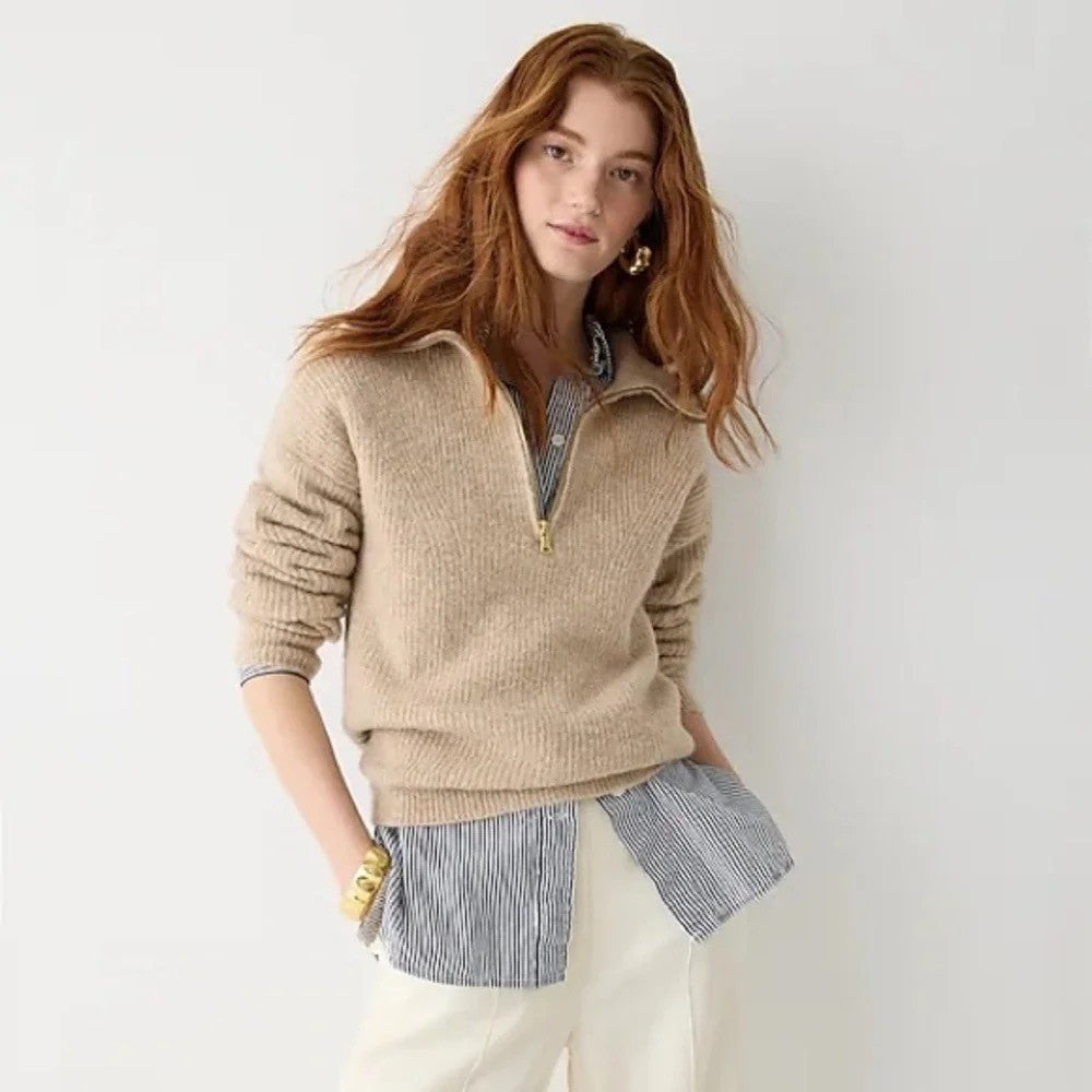 J. CREW Half Zip Stretch Sweater Merino Wool Alpaca Heathered Stone Knit Medium