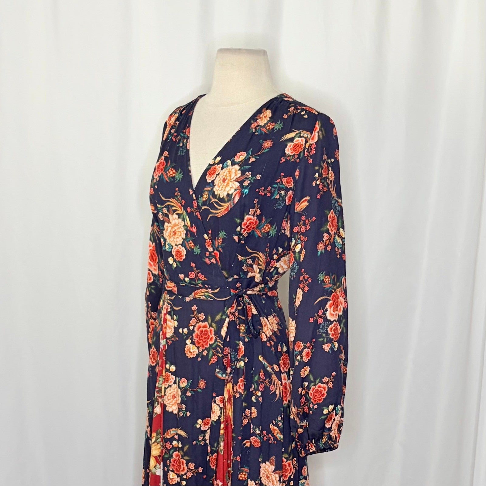 Anthropologie FARM RIO Gracia Wrap Maxi Dress Floral Birds Bohemian X-Small
