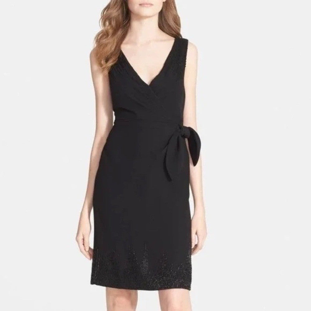 NWT!! DVF Diane Von Furstenberg Black Crepe Embellished Bella Faux Wrap Dress 4