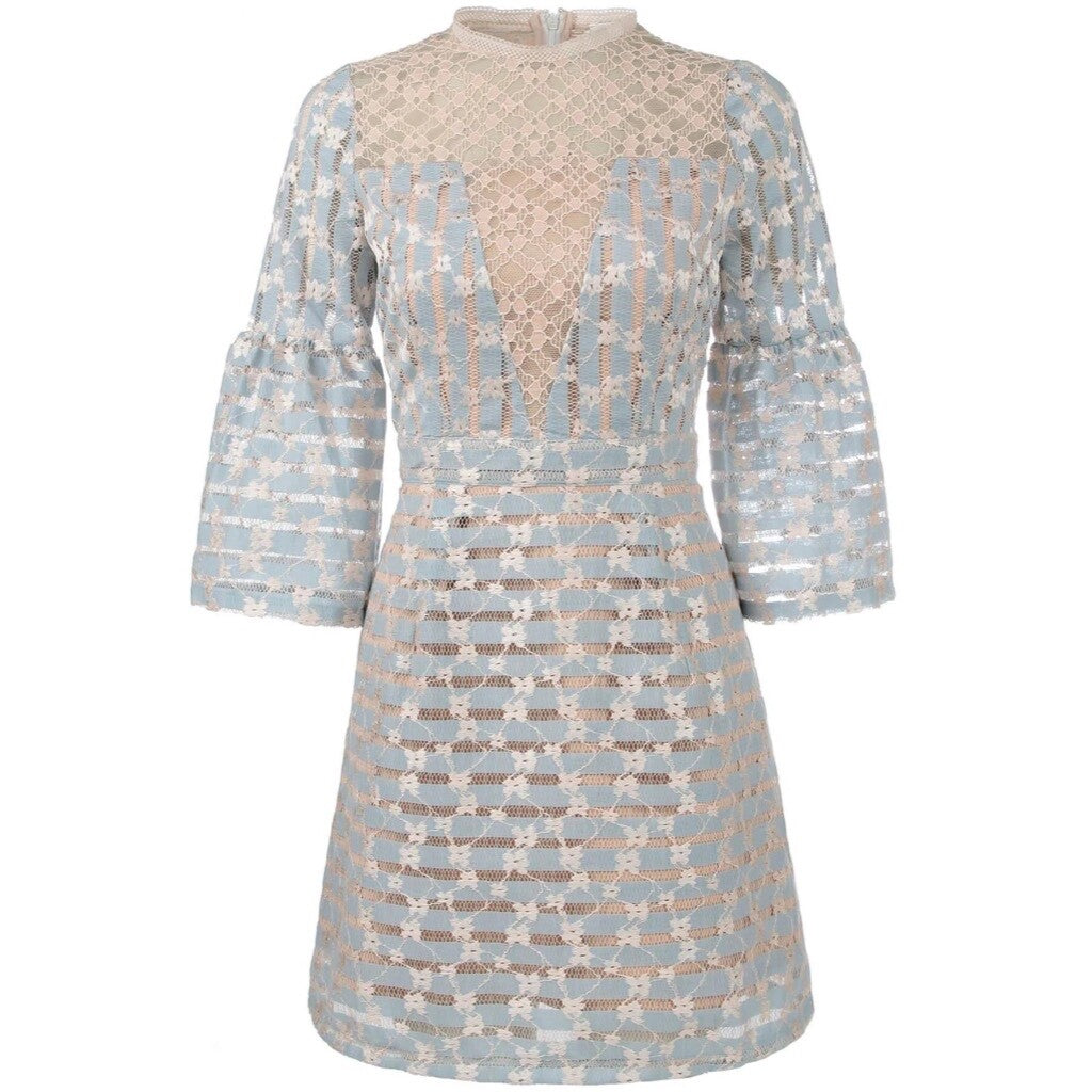 FOXIEDOX Cordelia Bell Sleeve Lace Dress Blue Floral Lace Coquette X-Large
