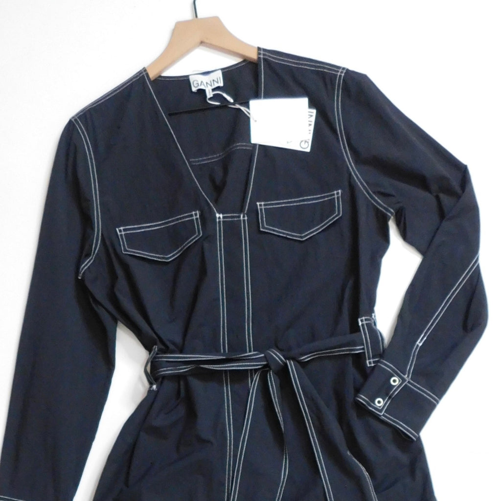 NWT!! GANNI Belted Contrast-Stitch Jumpsuit Black Cargo Pockets Organic Cotton 8