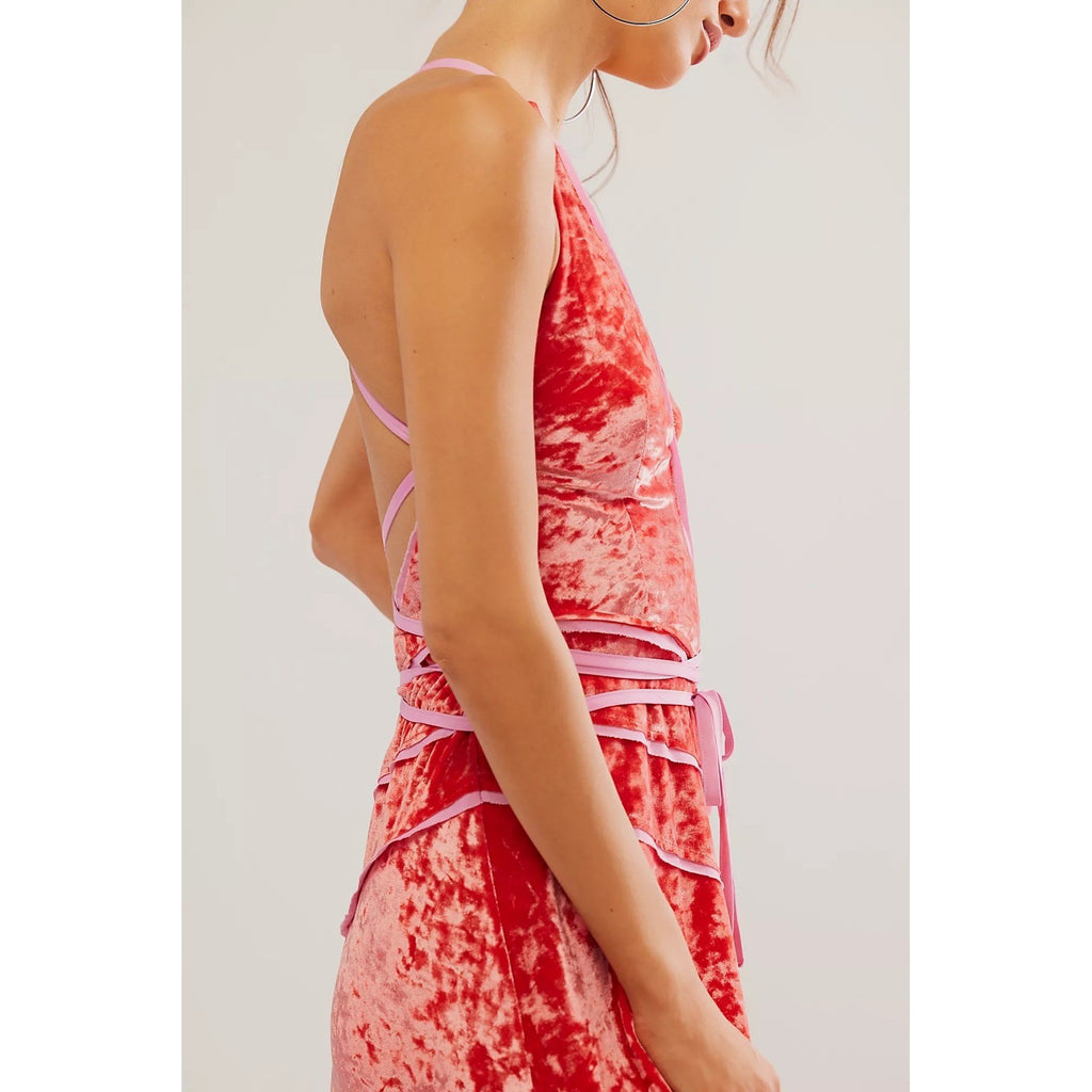FREE PEOPLE Deia Velvet Midi Dress Pink Rose Strappy Dainty Romantic X-Small
