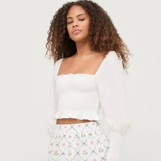 NWT!! HILL HOUSE The Grace Nap Top Smocked Solid White Cropped Ruffled Small