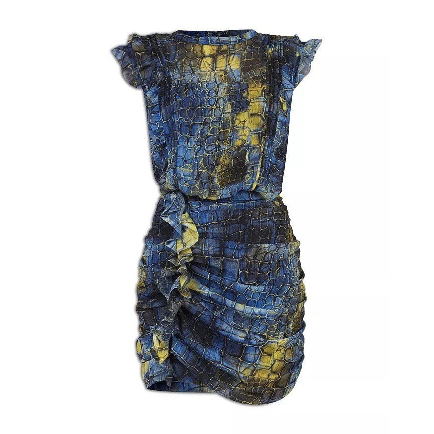 ALL SAINTS Hali Mirus Mini Dress Snakeskin Yellow Blue Ruffled Allsaints Size 4