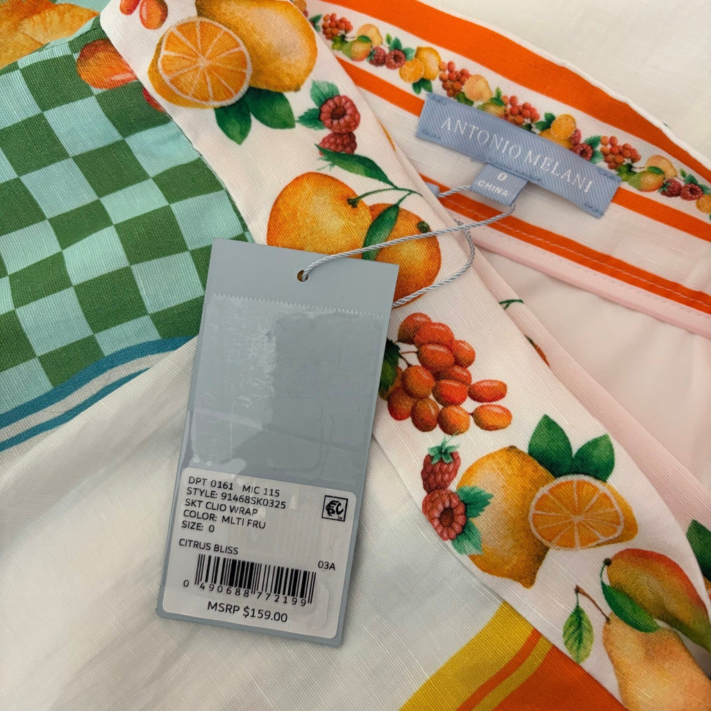 NWT!! ANTONIO MELANI Clio Wrap Skirt Linen Citrus Bliss Midi Fruit Checkered 0