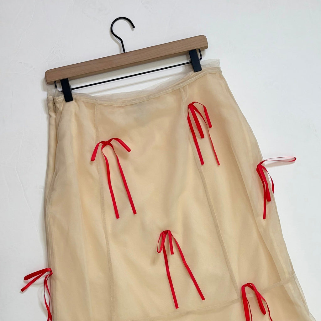 Anthropologie MAEVE Ribbon Pencil Midi Skirt Tulle Ivory Red Coquette 12 Petite
