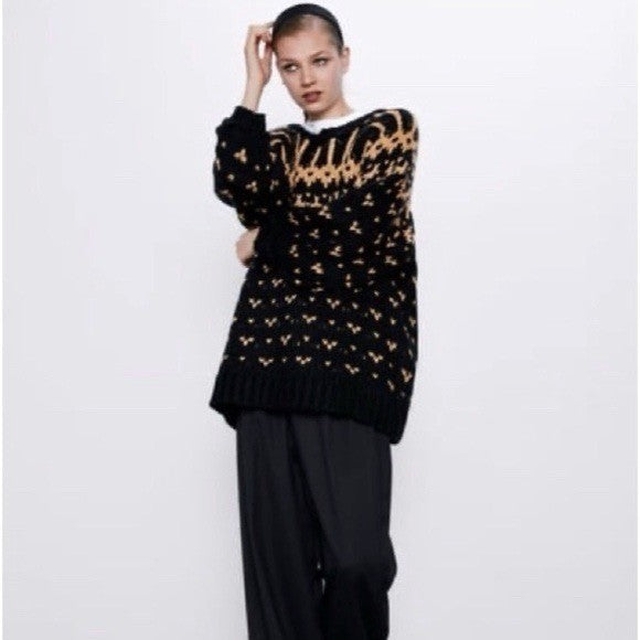 ZARA Limited Edition Beaded Jacquard Sweater Black Brown Oversized Chunky Small
