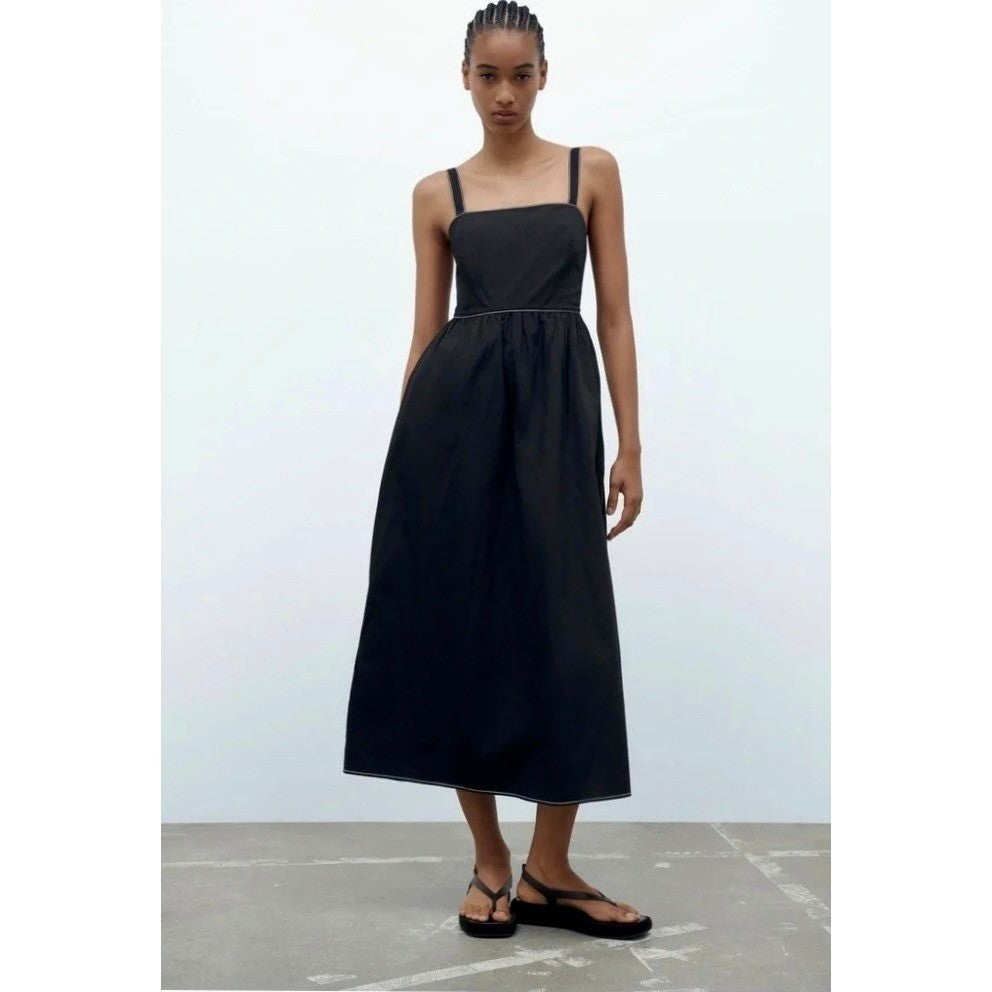 ZARA Luiza Black Midi Dress Tie Back Contrast Stitching Pockets Poplin X-Large