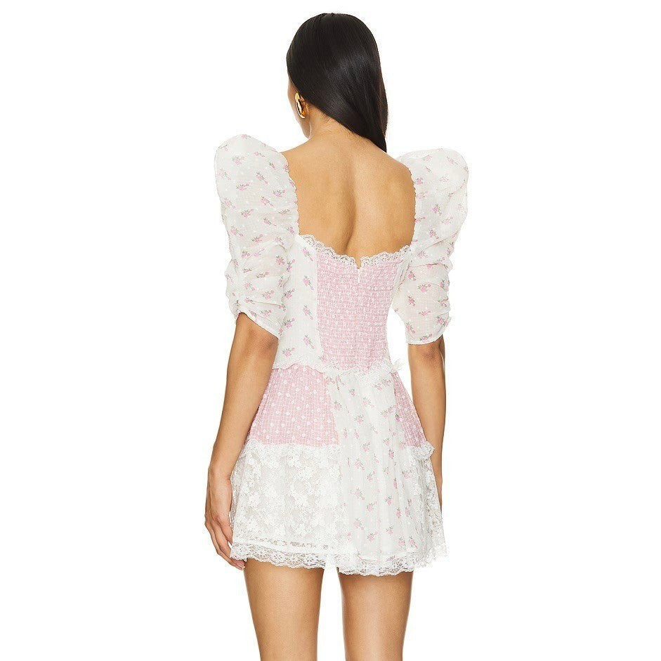 NWT!! FOR LOVE & LEMONS Francine Floral Patchwork Mini Dress Lace Coquette XS