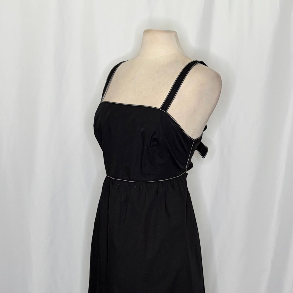 ZARA Luiza Black Midi Dress Tie Back Contrast Stitching Pockets Poplin X-Large