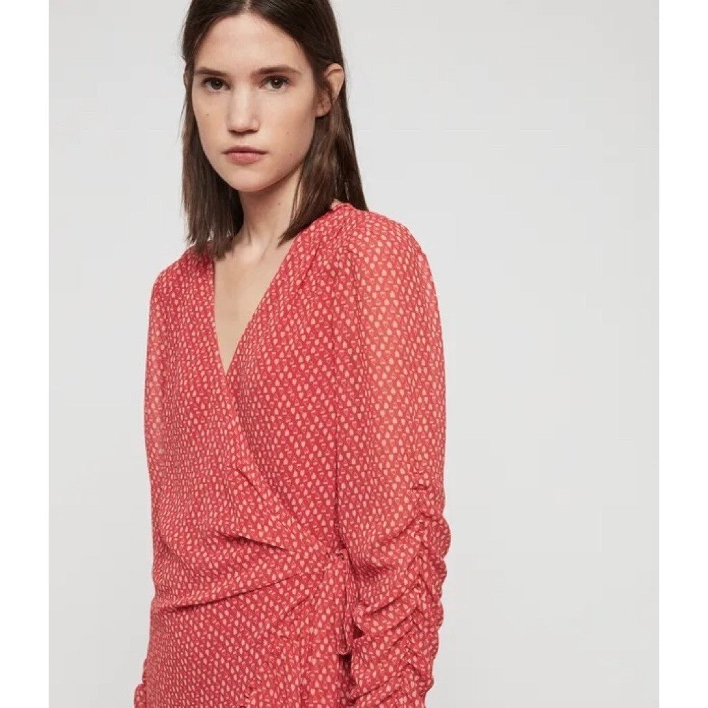 ALLSAINTS Flores Heart Print Wrap Dress Ruched Ruffle Red All Saints X-Small