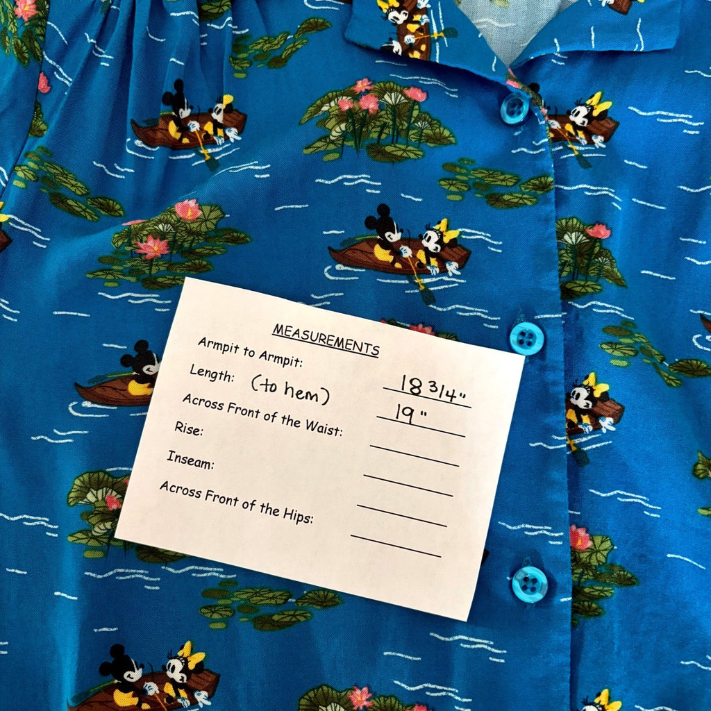 DISNEY Mickey Mouse Minnie Mouse Cropped Tie Waist Buttondown Shirt Blue Small