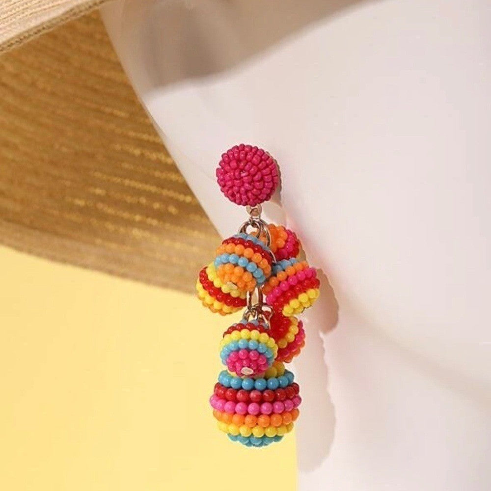 Colorful Beaded Ball Drop Earrings Multicolor Rainbow Festival Boho Resortwear