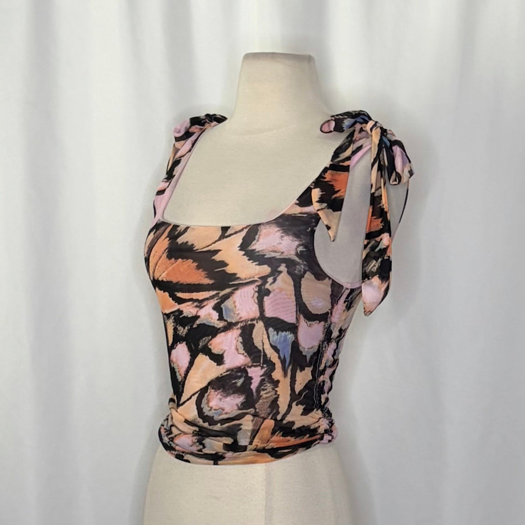 FREE PEOPLE Avenue Tank Top Tie Shoulders Scoop Neck Pink Combo Retro Medium