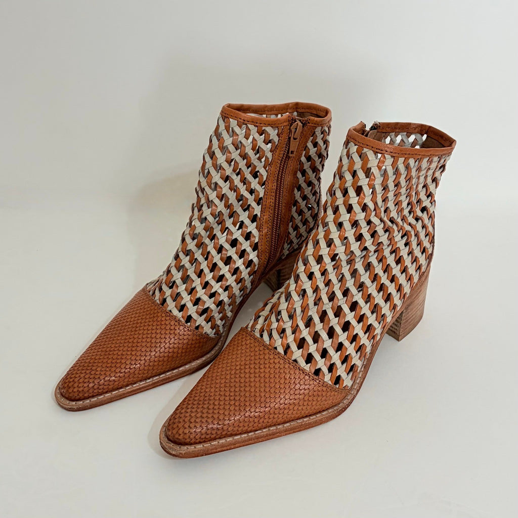 ROOLEE Opening Night Woven Ankle Boots Brown Point Toes Western Southwestern 7