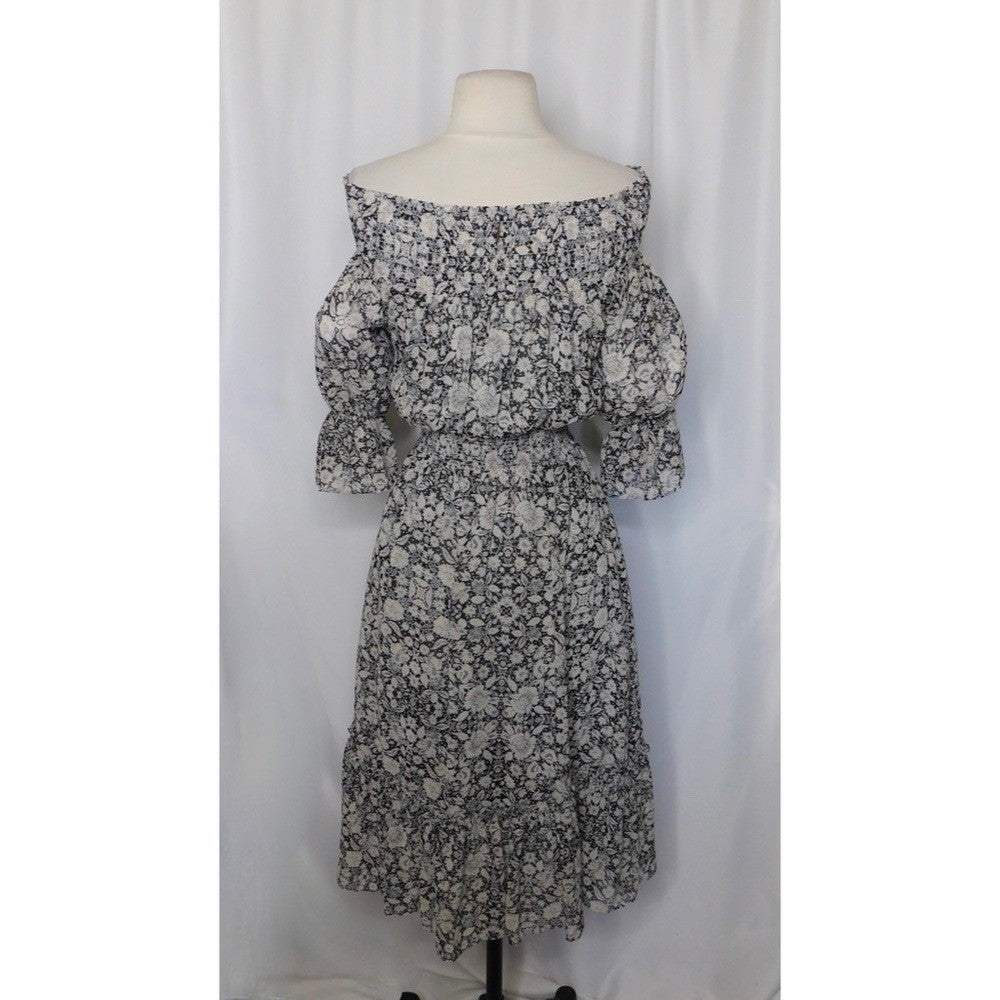 MISA Los Angeles Floral Smocked Midi Dress Black Gray Pink Off Shoulder X-Small