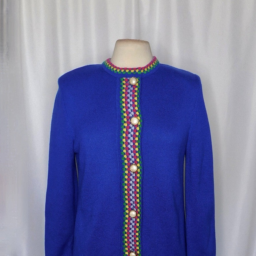 Vintage CASTLEBERRY Colorful Knit Cardigan Blazer Checkerboard Union Made Size 8