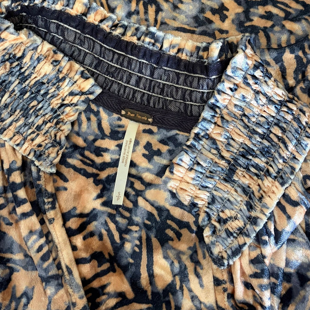 FREE PEOPLE Smocked Crushed Velvet Top Blouse Go Get 'Em Tiger Animal Small