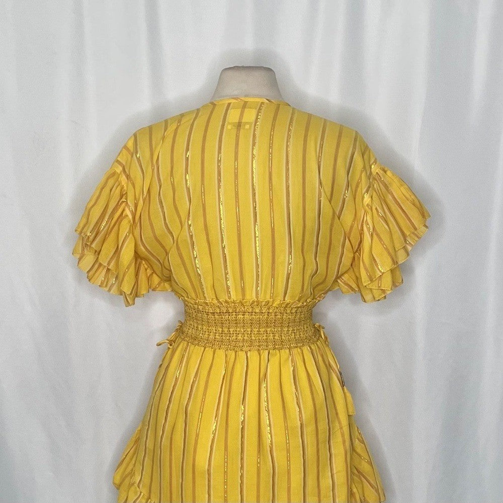 SAYLOR Yellow Metallic Striped Dress Fluttery Smocked Mini Gold Party Medium