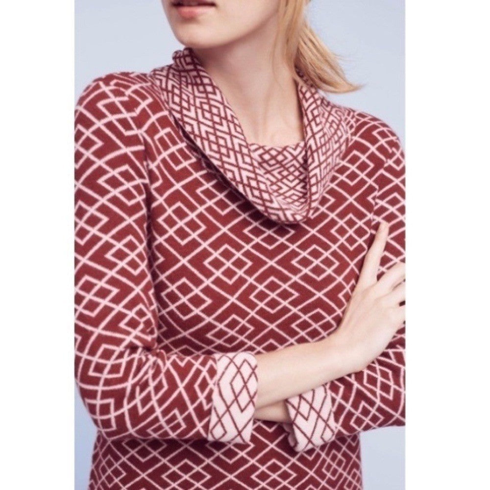 Anthropologie MOTH Galena Cowl Neck Sweater Maroon Pink Jacquard Geometric Small