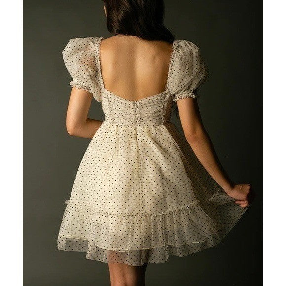 NWT!! Joyfolie MIA JOY Perla Tulle Puff Dress Polka Dots Ivory Black Medium