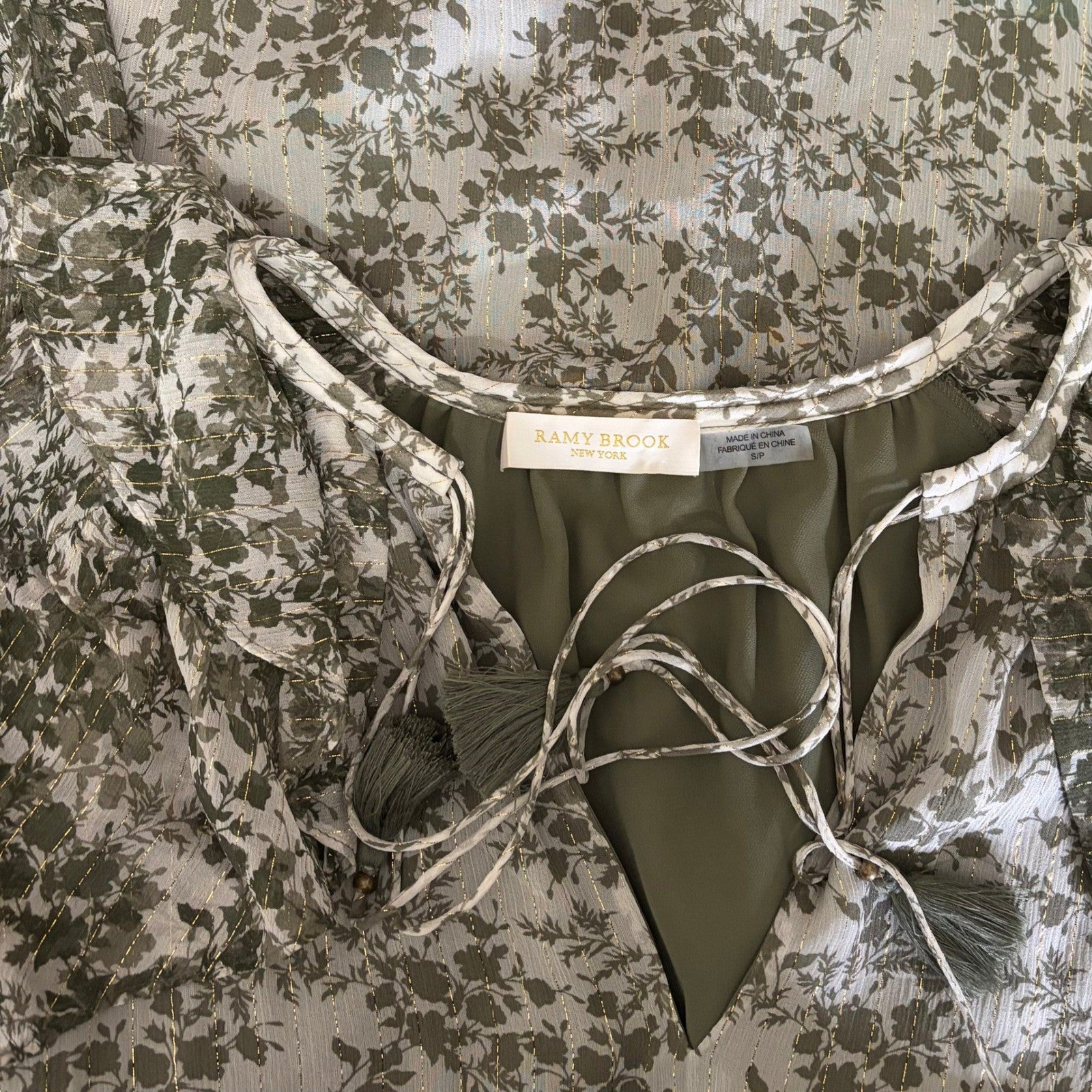 RAMY BROOK Silk Printed Celeste Blouse Chiffon Sagco Green Floral Metallic Small