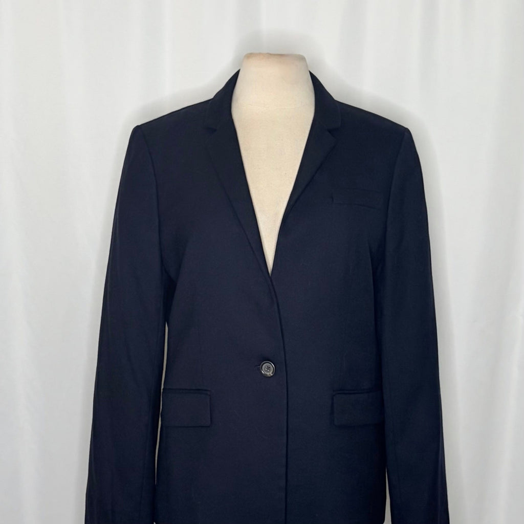 J. CREW Regent Blazer Navy Blue Wool Flannel Striped Lining Single Button 12