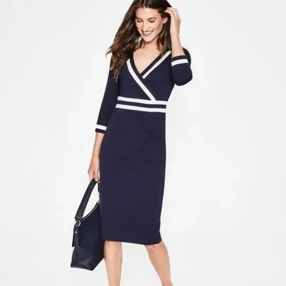 BODEN Nellie Ponte Knit Dress Navy Blue White Preppy Nautical Modest Size 4