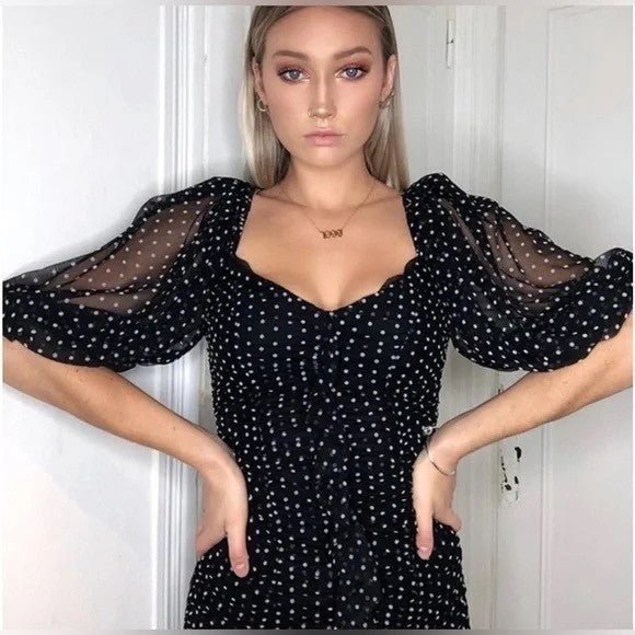 ZARA Chiffon Black Polka Dot Ruched Mini Dress Black Gray Party Blogger Small