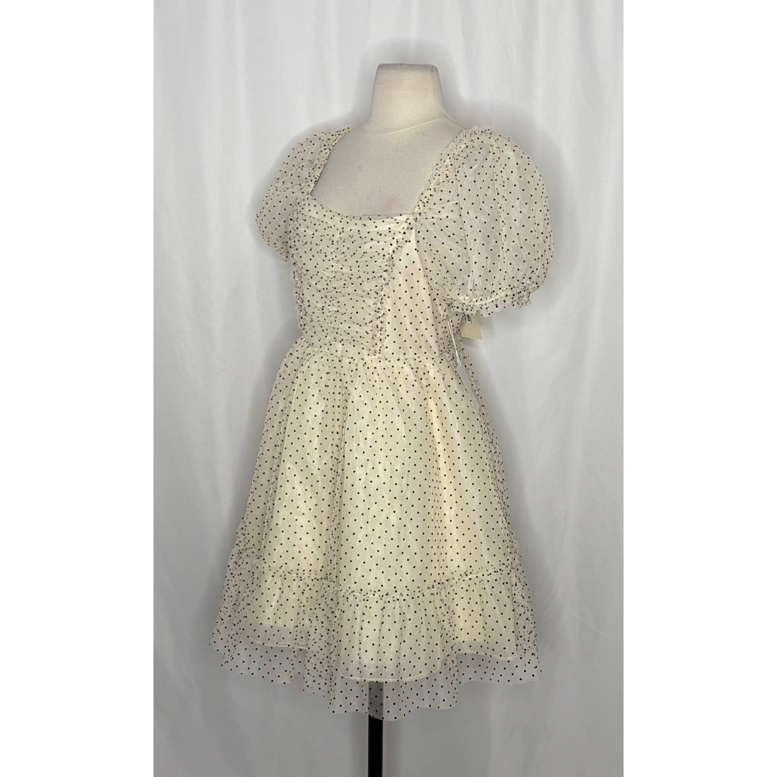 NWT!! Joyfolie MIA JOY Perla Tulle Puff Dress Polka Dots Ivory Black Medium