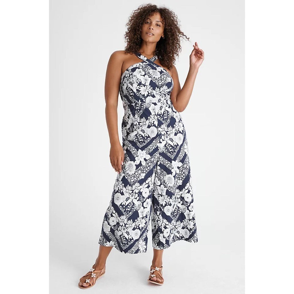 NWT!! Anthropologie MAEVE Magda Halter Jumpsuit Retro Floral Wide Legs Size 24W