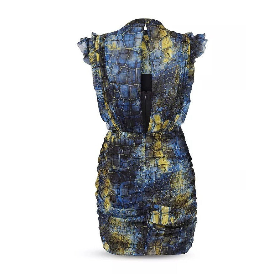 ALL SAINTS Hali Mirus Mini Dress Snakeskin Yellow Blue Ruffled Allsaints Size 4