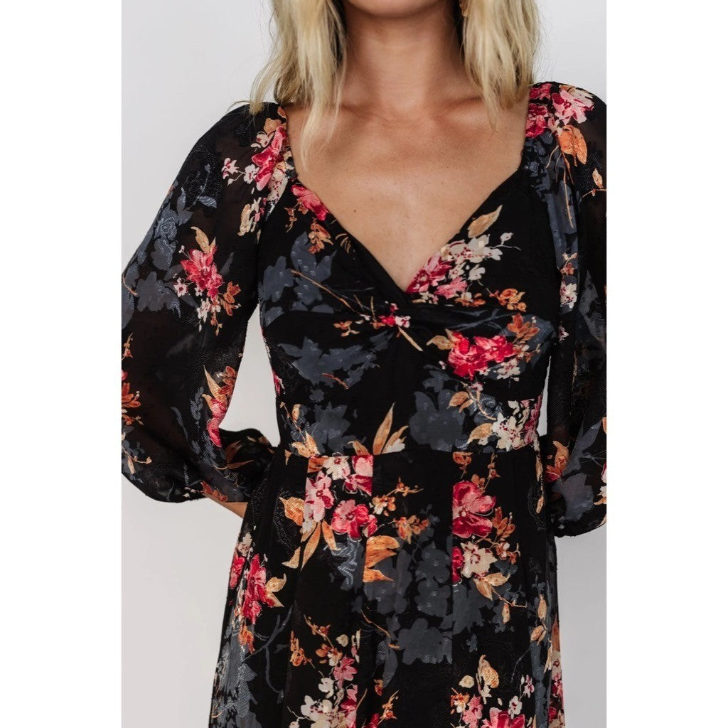 NWT!! BALTIC BORN Estefania Maxi Dress Black Floral Romantic Ruffle X-Small