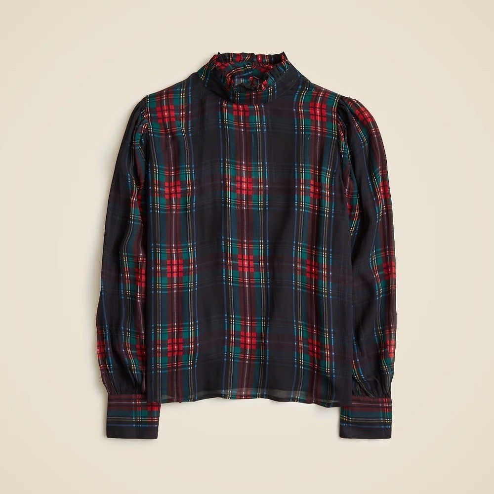NWT! J. CREW Ruffleneck Top Stewart Tartan Plaid Chiffon Festive Preppy XX-Small